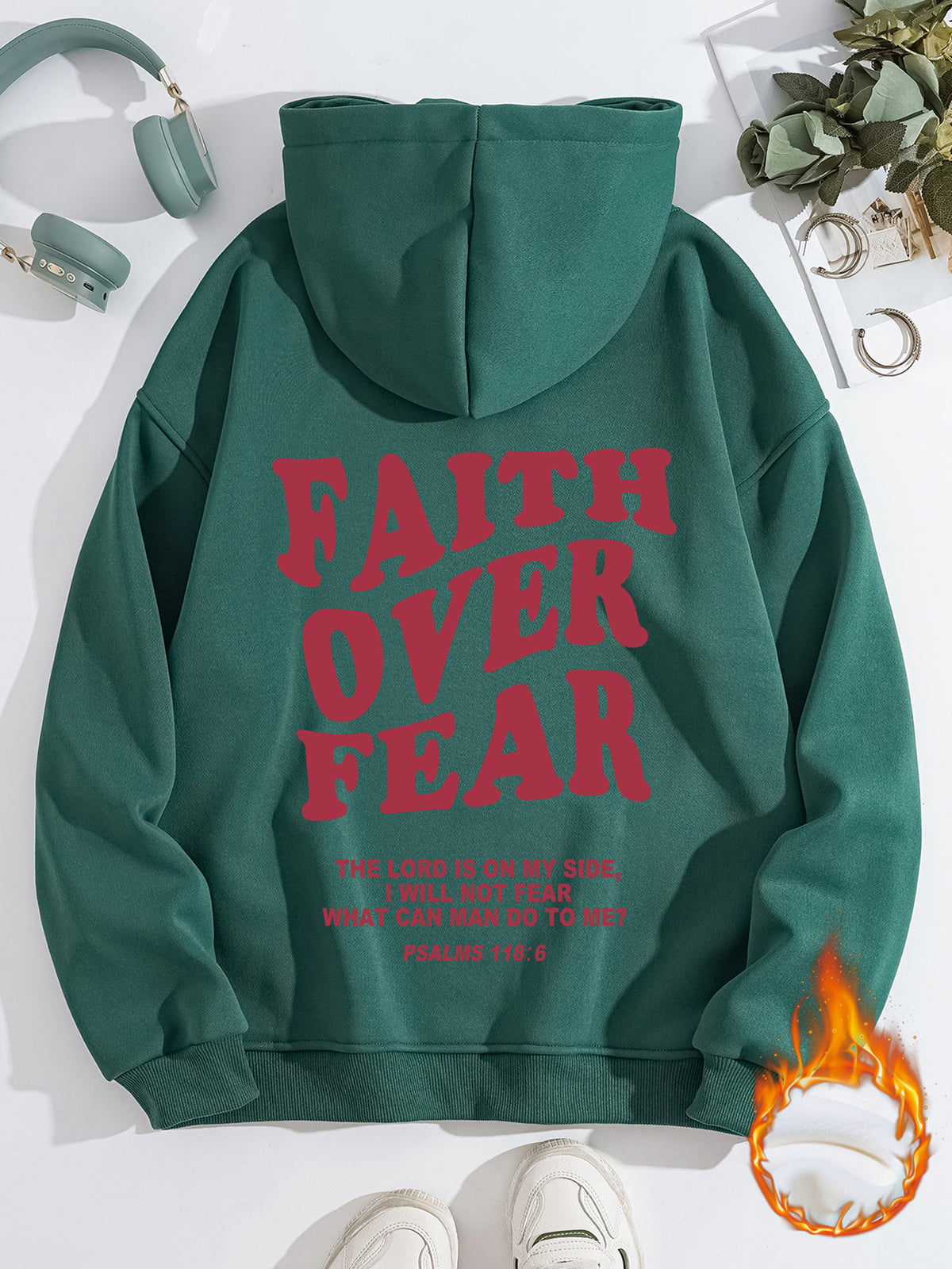 Kangaroo Pocket Hooded Long Sleeve with Thick Velvet FAITH OVER FEAR
