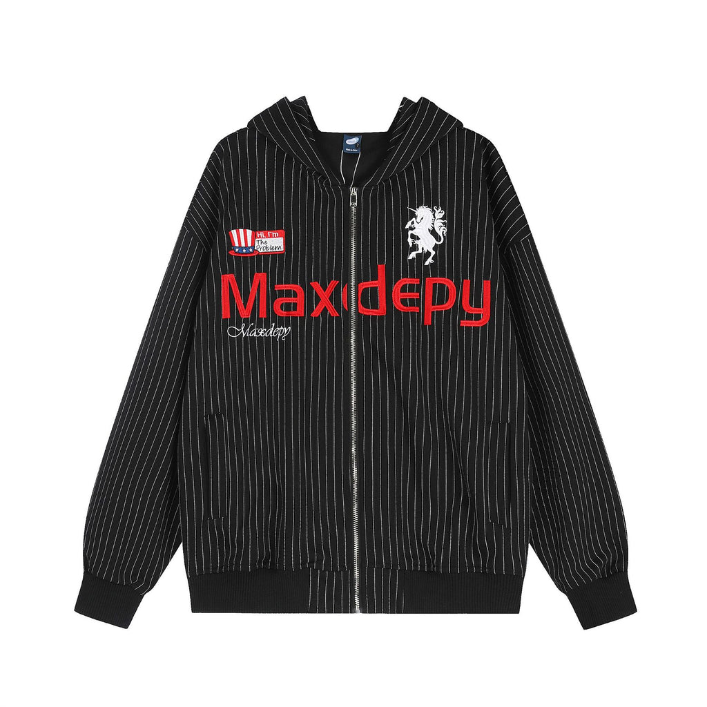 Embroidered striped hoodie cardigan with letters
