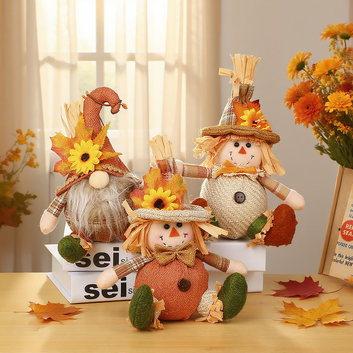 Harvest Festival Thanksgiving Sunflower Faceless Doll Autumn Scarecrow Figurine for Desk and Display Decoration