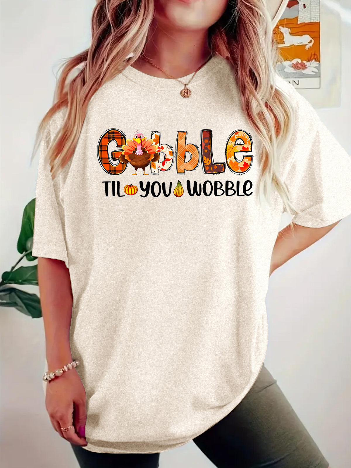 Interesting turkey print round neck pullover short sleeved shirt