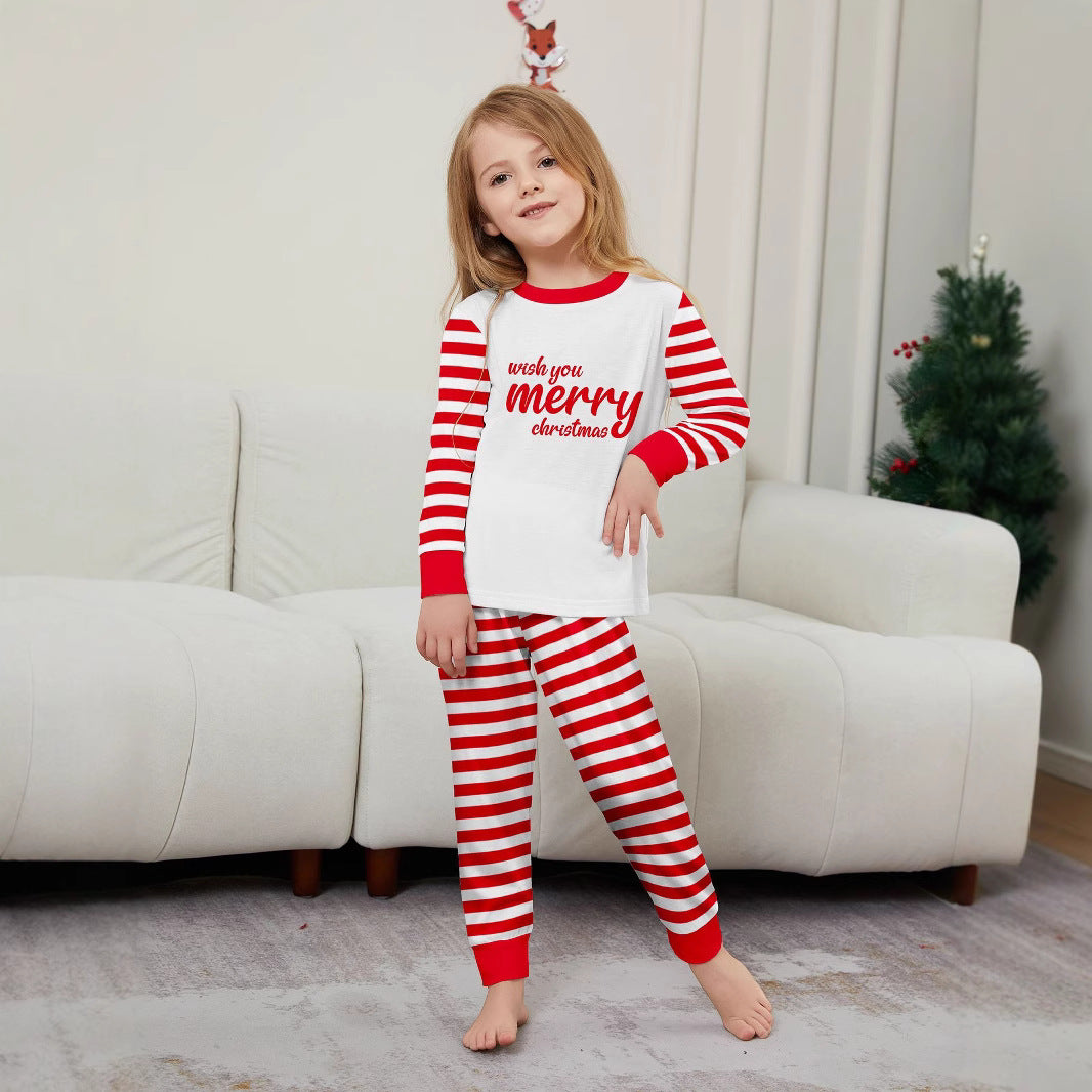 Red and White Stripe Letter Color-block Christmas Family Matching Printed Home Wear Pajamas