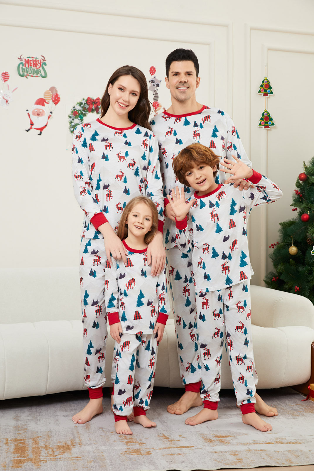 Christmas Tree Deer All-Over Print Christmas Family Matching Pajamas Printed Sleepwear
