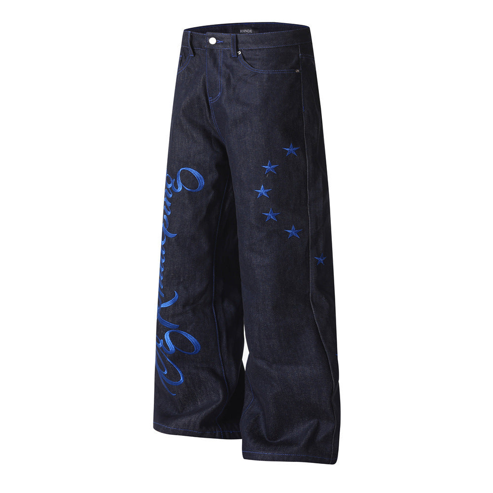 Embroidered wide leg jeans with letters