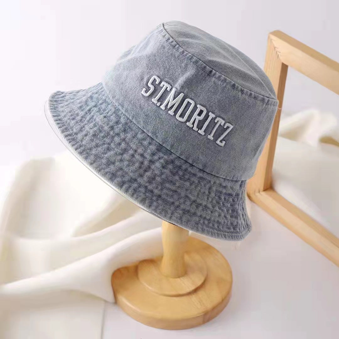 Denim Material Washed Fisherman Hat Female Spring And Summer Retro Old Big Letters Personality Street Net Red Fried Street Trend Hat