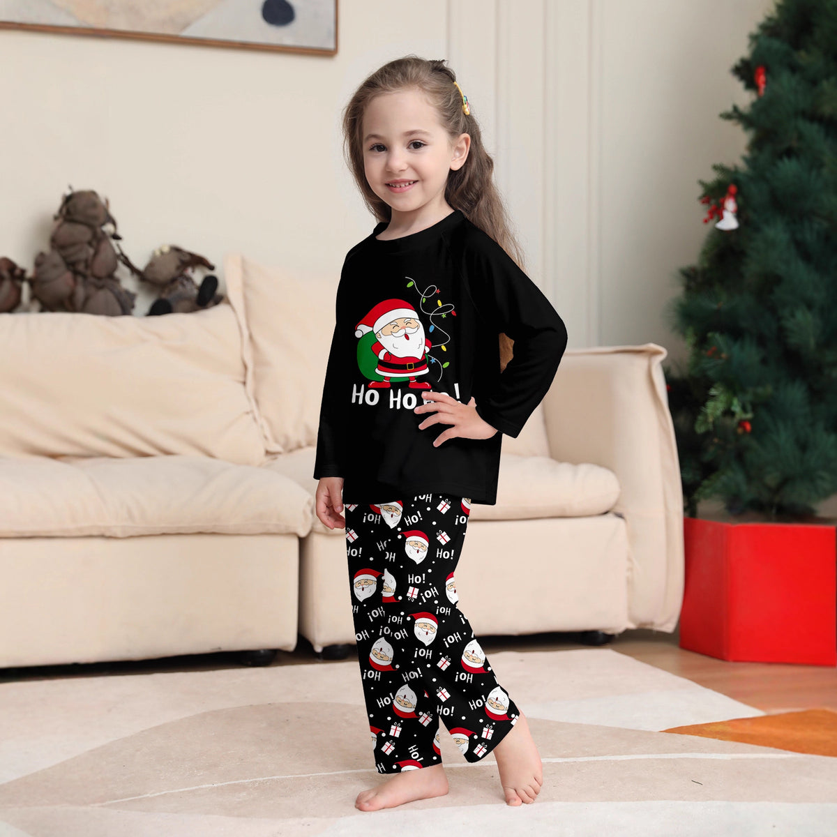 Family Christmas Pajamas Set with Santa Backpack Black Home Wear for Holiday Photos