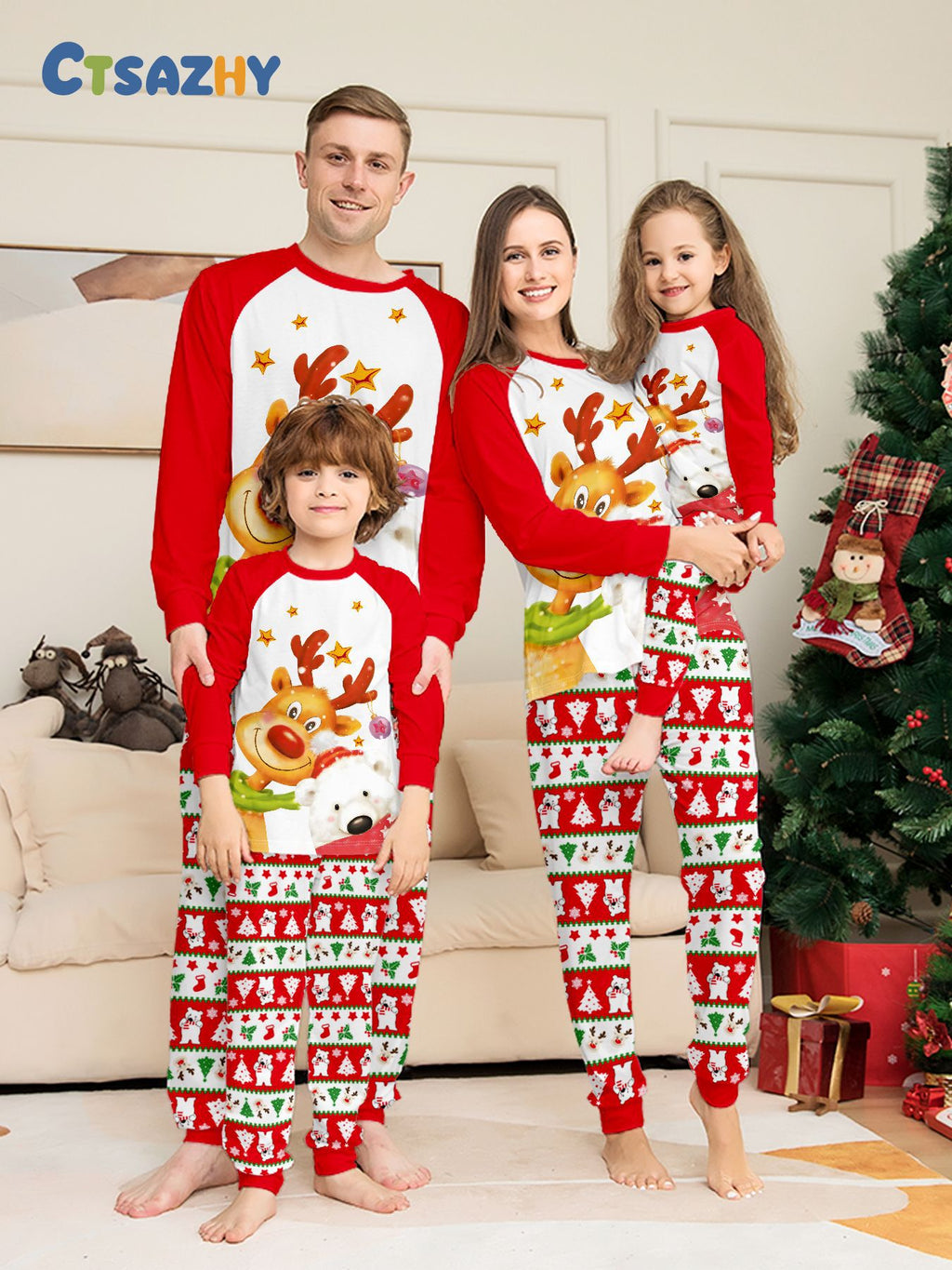 Christmas Deer Snowflake Bear Printed Pajamas for Family Comfortable Home Wear