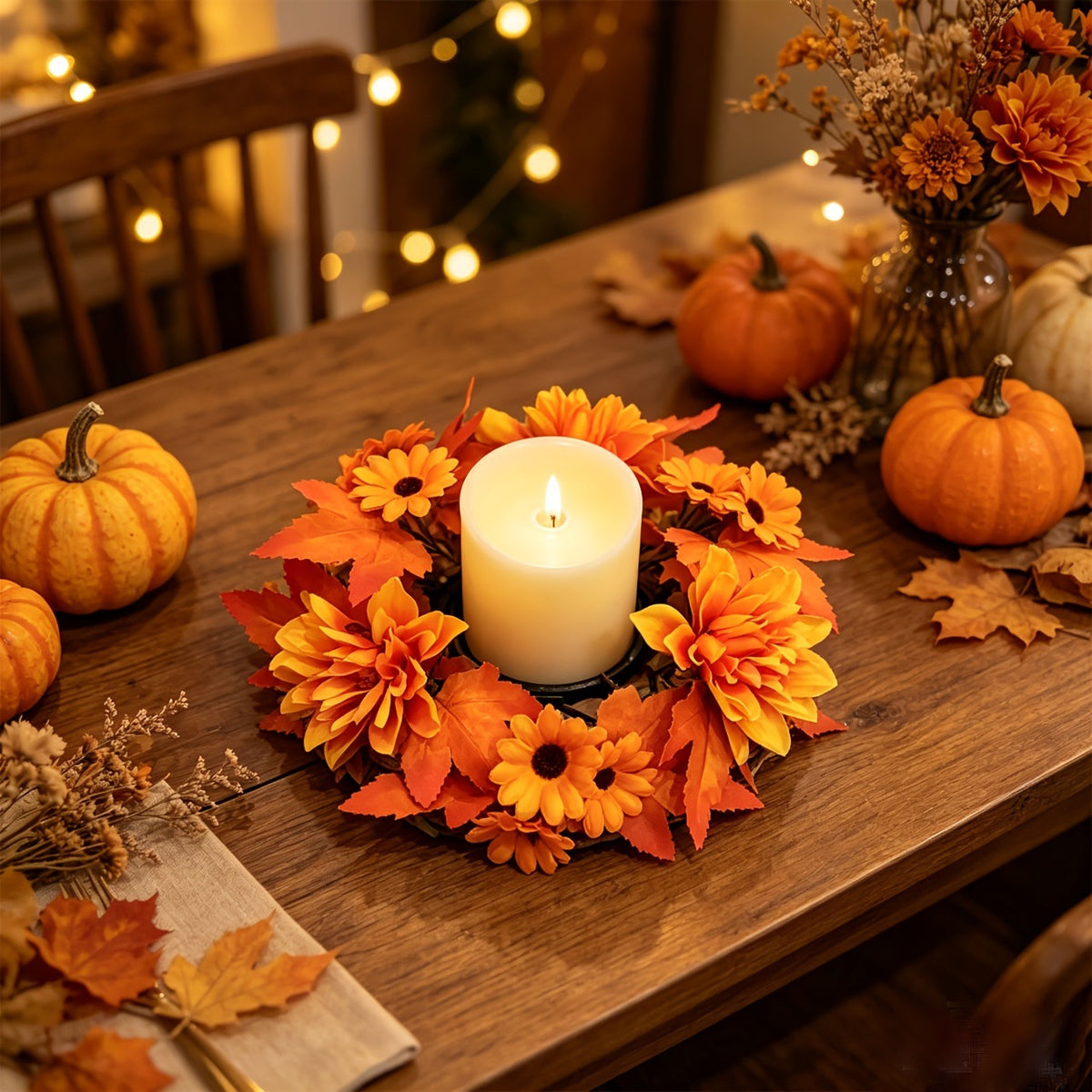 Artificial Flower Wreath with Maple Leaves and Sunflowers, Table Centerpiece for Living Room, Thanksgiving and Harvest Festival Decoration, Candle Holder Wreath