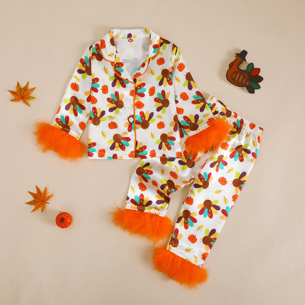 Thanksgiving Plush Sleepwear Set with Frayed Edges, Pumpkin and Turkey Print, Turn-Down Collar, Two-Piece Home Wear
