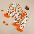 Thanksgiving Plush Sleepwear Set with Frayed Edges, Pumpkin and Turkey Print, Turn-Down Collar, Two-Piece Home Wear