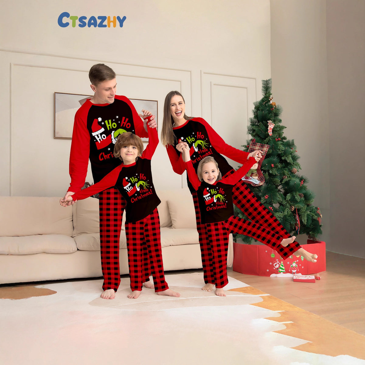 Christmas Family Matching Pajamas Set with Finger Alphabet Print Raglan Sleeve, Red Plaid Sleepwear and Loungewear