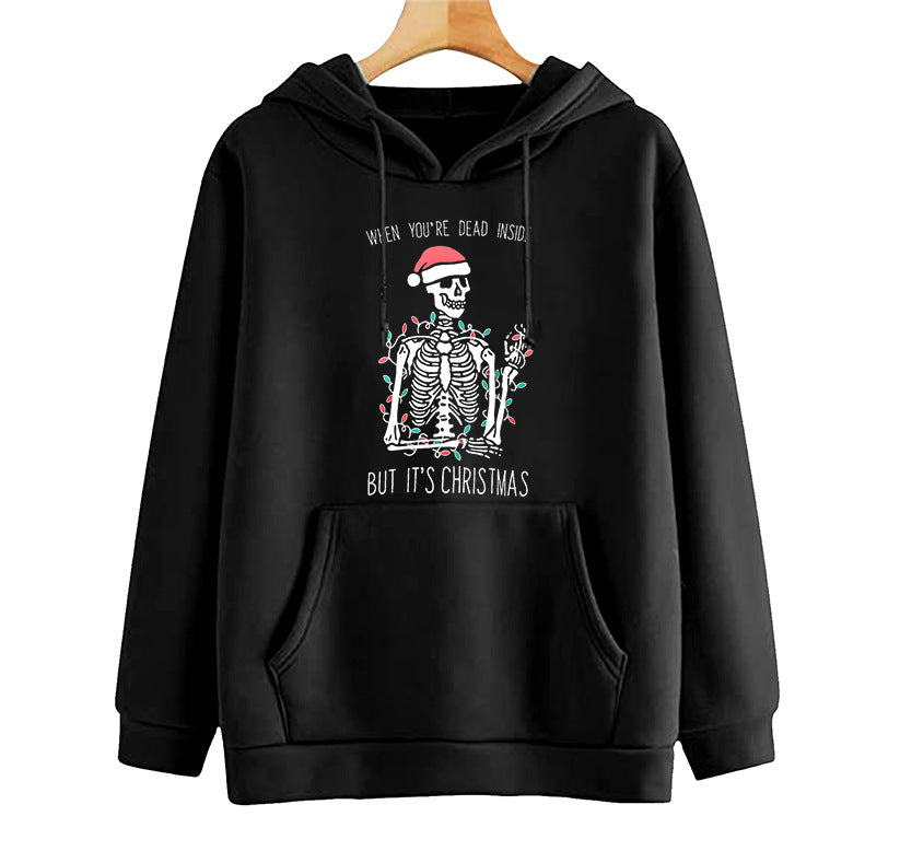 Christmas Hoodie Women's Shoulder Down Christmas Skeleton Hoodie