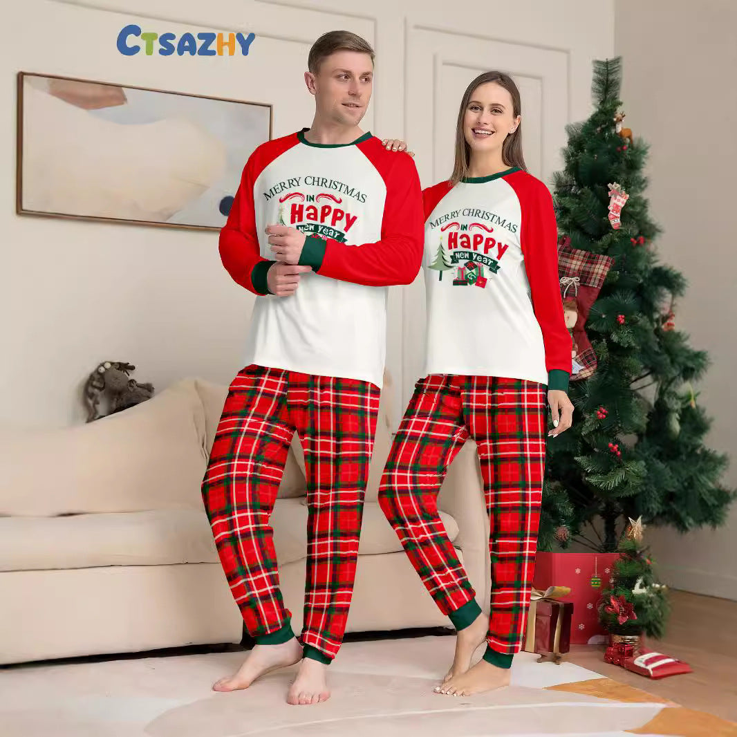 Christmas Family Matching Pajamas Letter Christmas Tree Print Red Plaid Set Sleepwear Home Wear