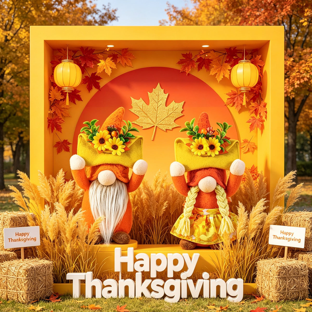 Thanksgiving Decoration Doll Maple Leaf Sunflower Faceless Dwarf Doll Figurine Harvest Festival Doll Ornament