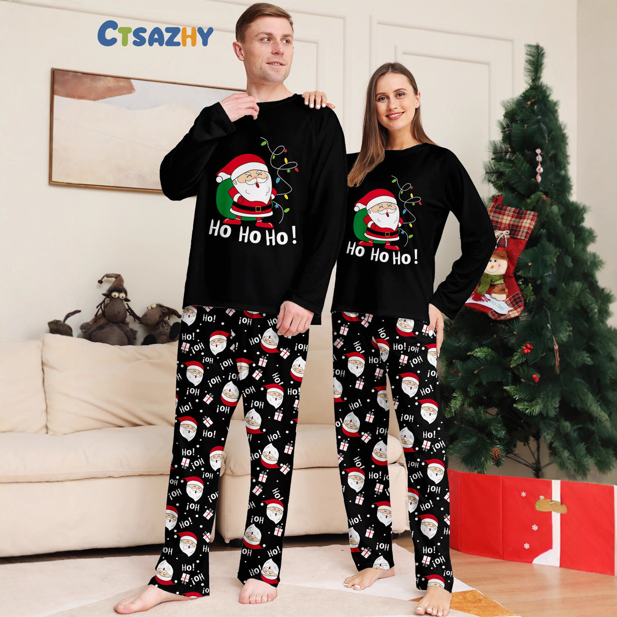 Family Christmas Pajamas Set with Santa Backpack Black Home Wear for Holiday Photos