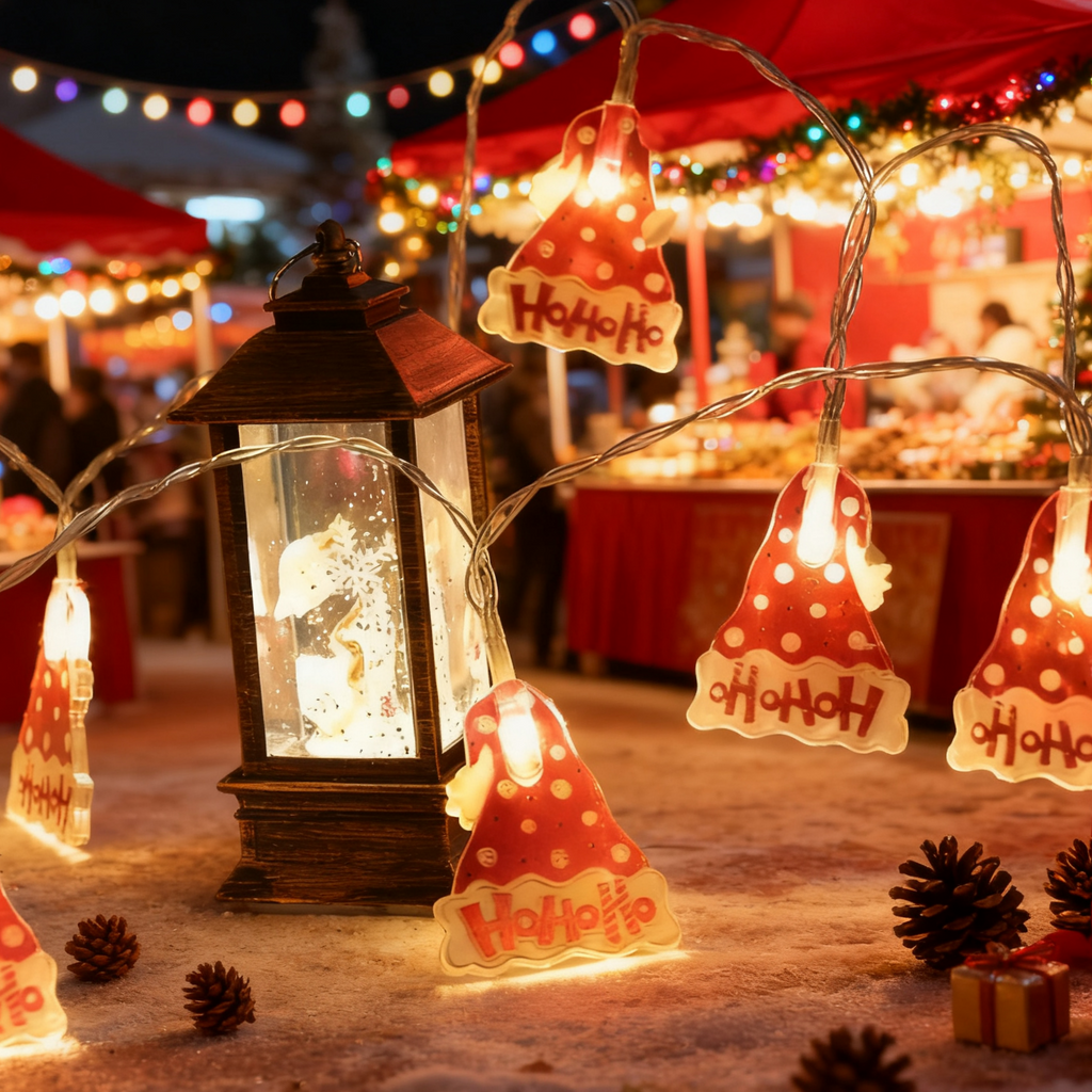 Colorful Christmas hats, Christmas lights, LED light strings