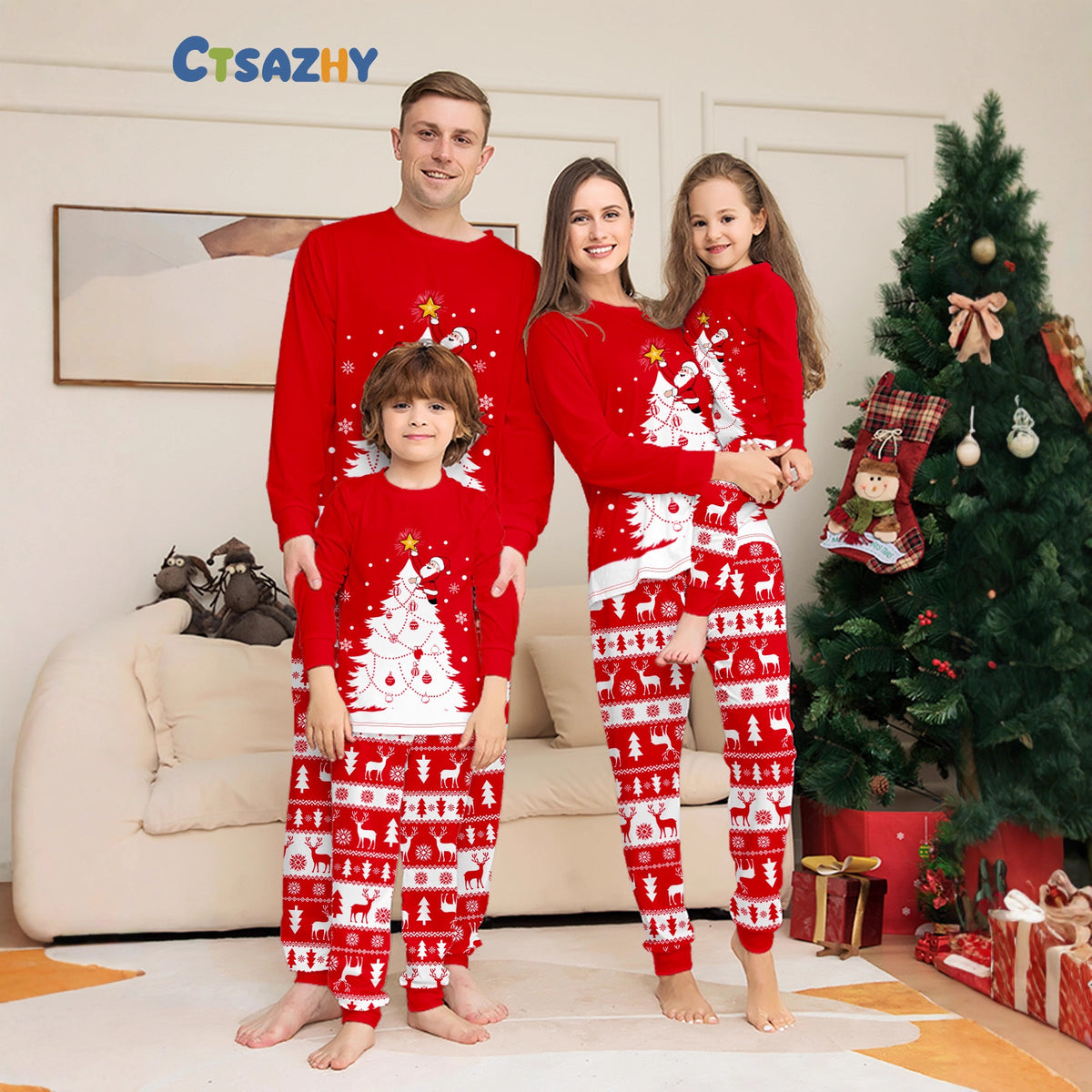 Family Christmas Pajamas White Christmas Tree and Deer Print Sleepwear, Red Home Wear