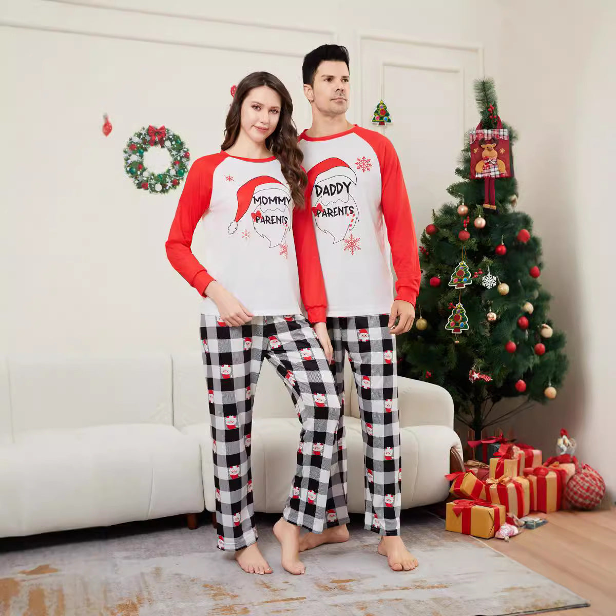 Christmas Santa Claus Letter Plaid Christmas Family Matching Printed Loungewear Pajamas