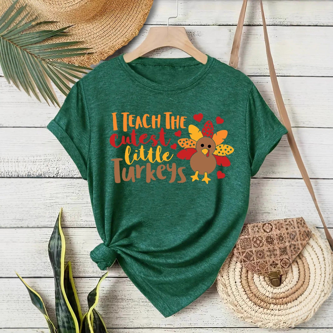 T-shirt short sleeved women's Thanksgiving print