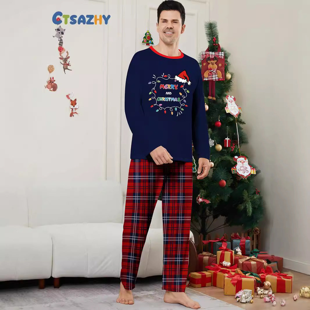 Christmas Hat Letter Light Strip Christmas Family Matching Printed Loungewear Pajamas