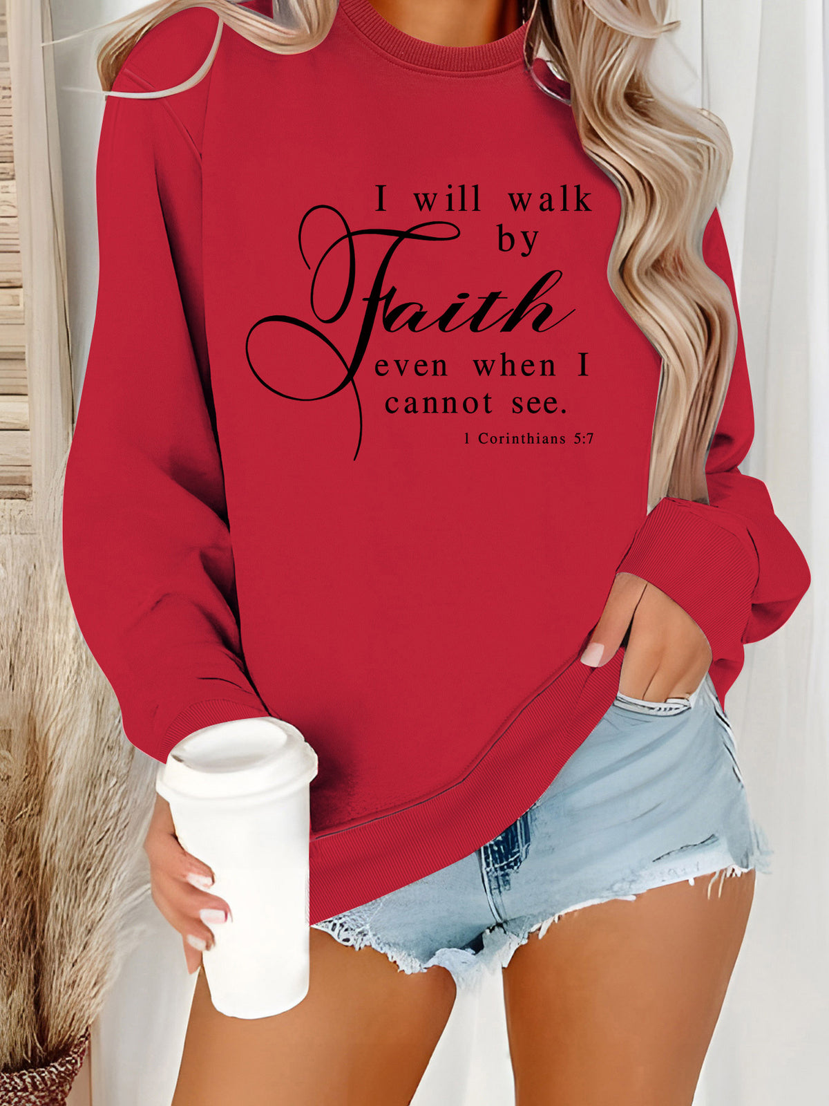 Round neck Faith Letter printed pullover sweatshirt sweatshirt