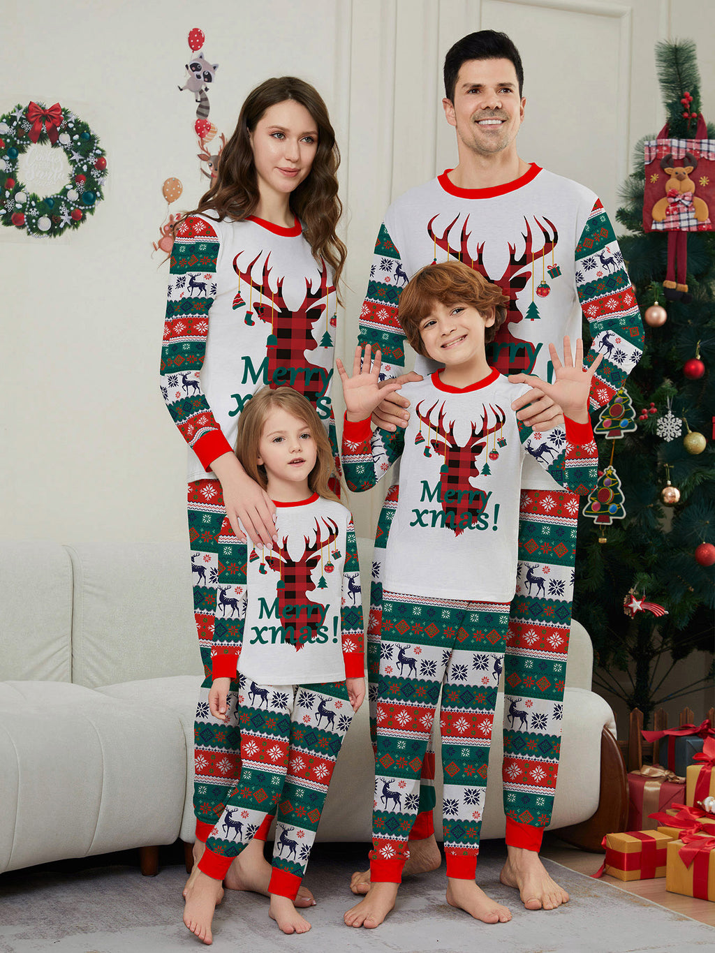 Christmas Deer Snowflake Letter Stripe Christmas Family Matching Printed Loungewear