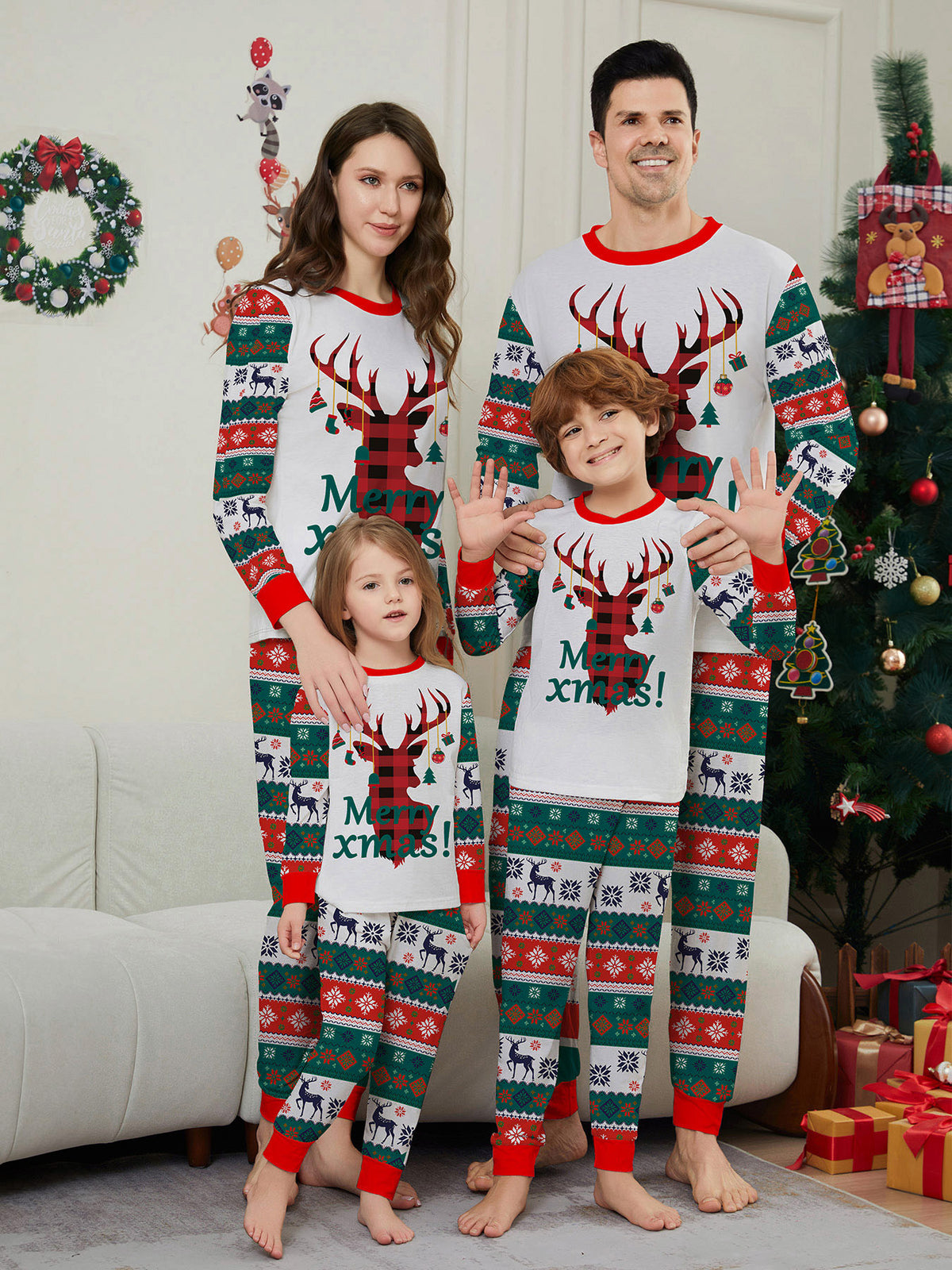 Christmas Deer Snowflake Letter Stripe Christmas Family Matching Printed Loungewear