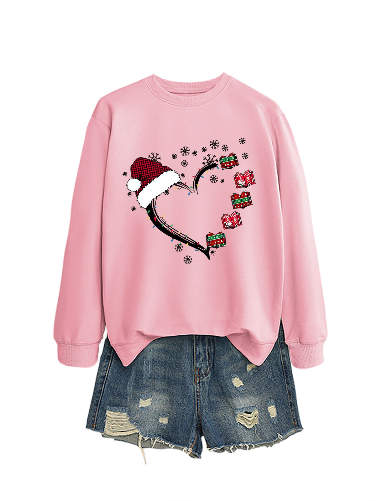 Christmas hat snowflake heart-shaped book colorful lights hoodie