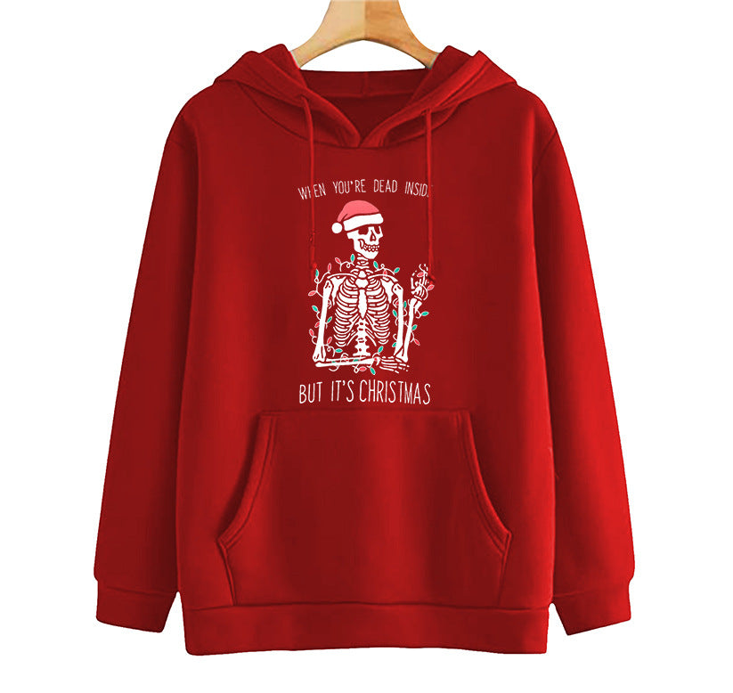 Christmas Hoodie Women's Shoulder Down Christmas Skeleton Hoodie