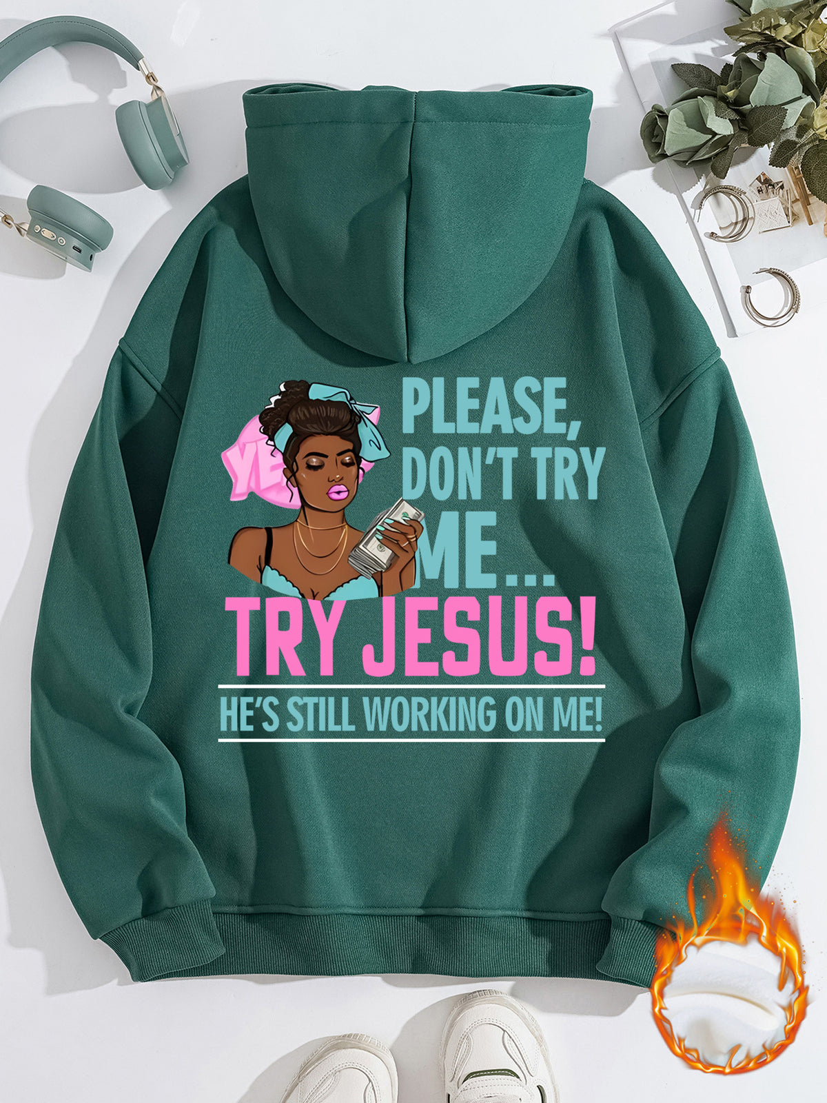Long sleeved fleece sweatshirt top with TRY JESUS print
