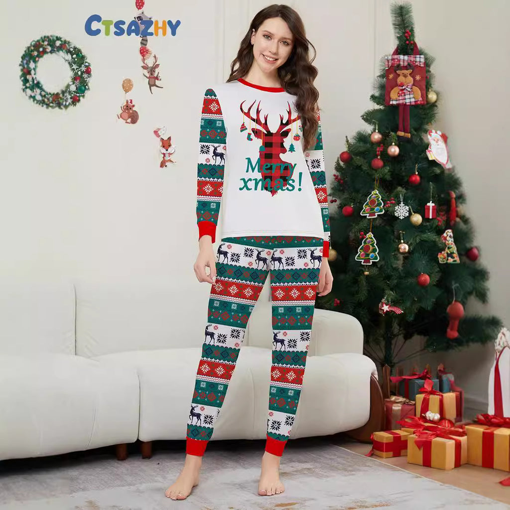 Christmas Deer Snowflake Letter Stripe Christmas Family Matching Printed Loungewear