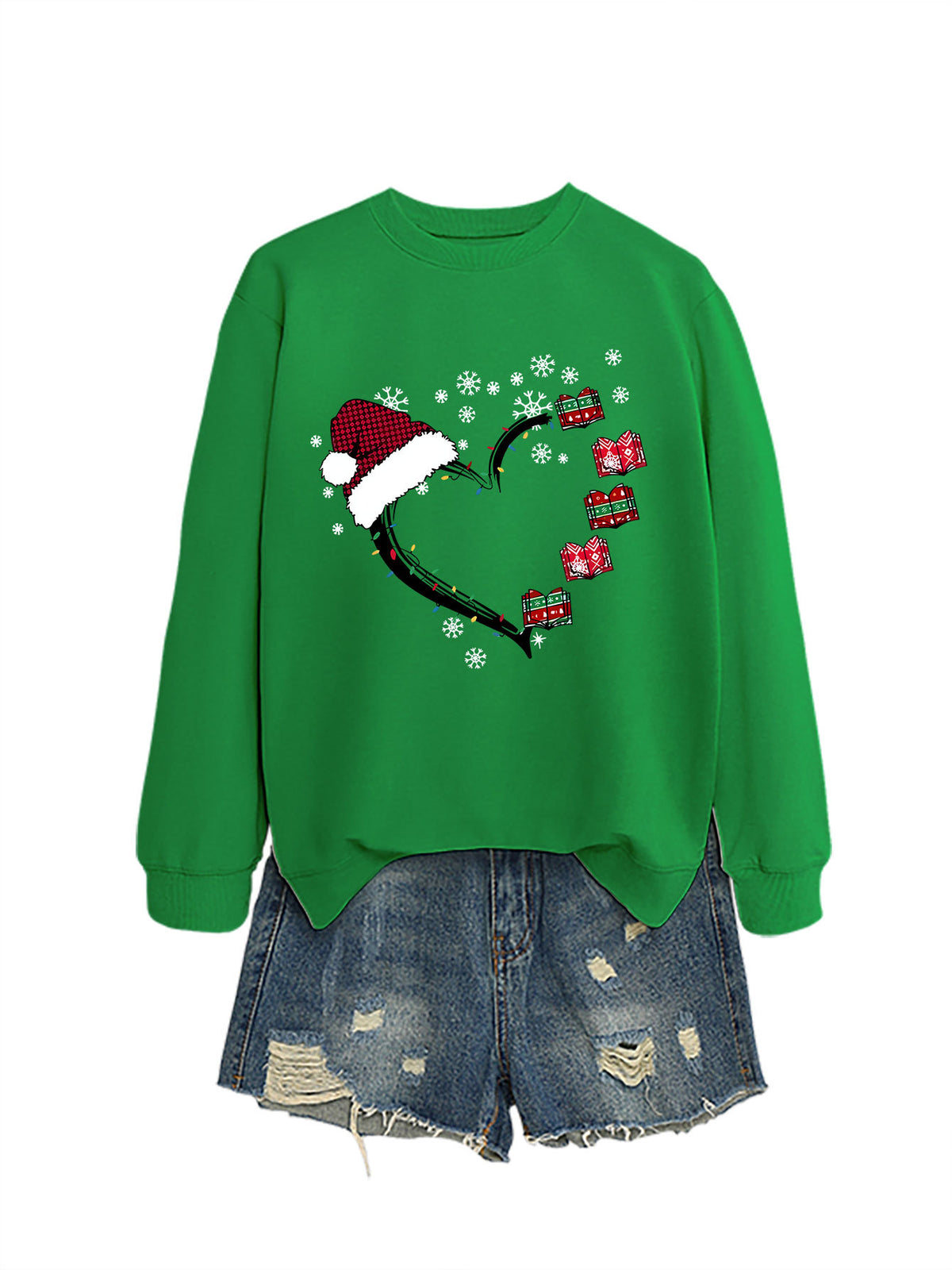 Christmas hat snowflake heart-shaped book colorful lights hoodie