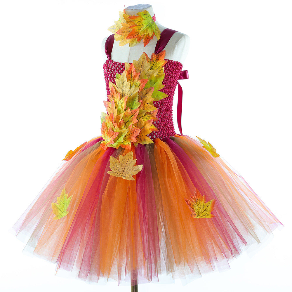 Halloween Style New Children's Realistic Maple Leaf Princess Dress Thanksgiving Girls Fairy Elf Tutu Skirt Tulle Puffy Dress