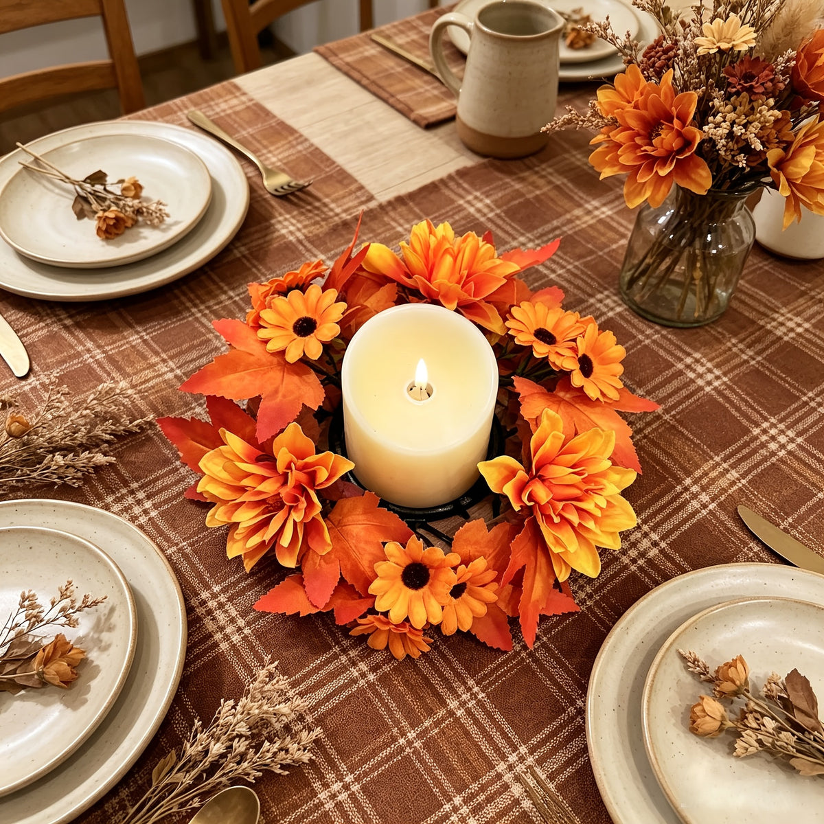 Artificial Flower Wreath with Maple Leaves and Sunflowers, Table Centerpiece for Living Room, Thanksgiving and Harvest Festival Decoration, Candle Holder Wreath