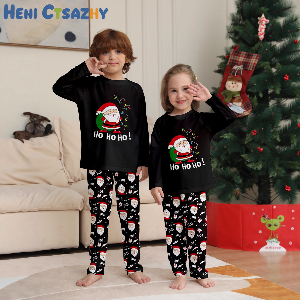 Family Christmas Pajamas Set with Santa Backpack Black Home Wear for Holiday Photos