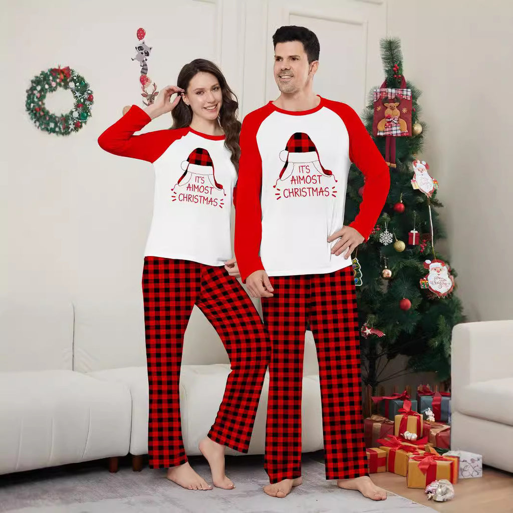 Christmas Hat Letter Plaid Christmas Family Matching Printed Home Wear Pajamas