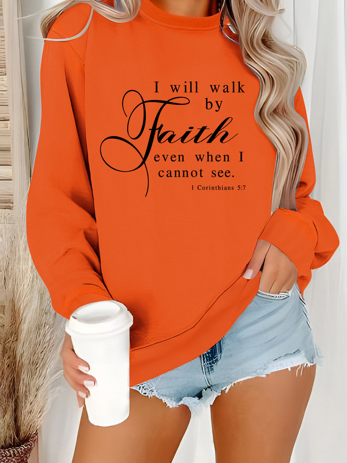 Round neck Faith Letter printed pullover sweatshirt sweatshirt