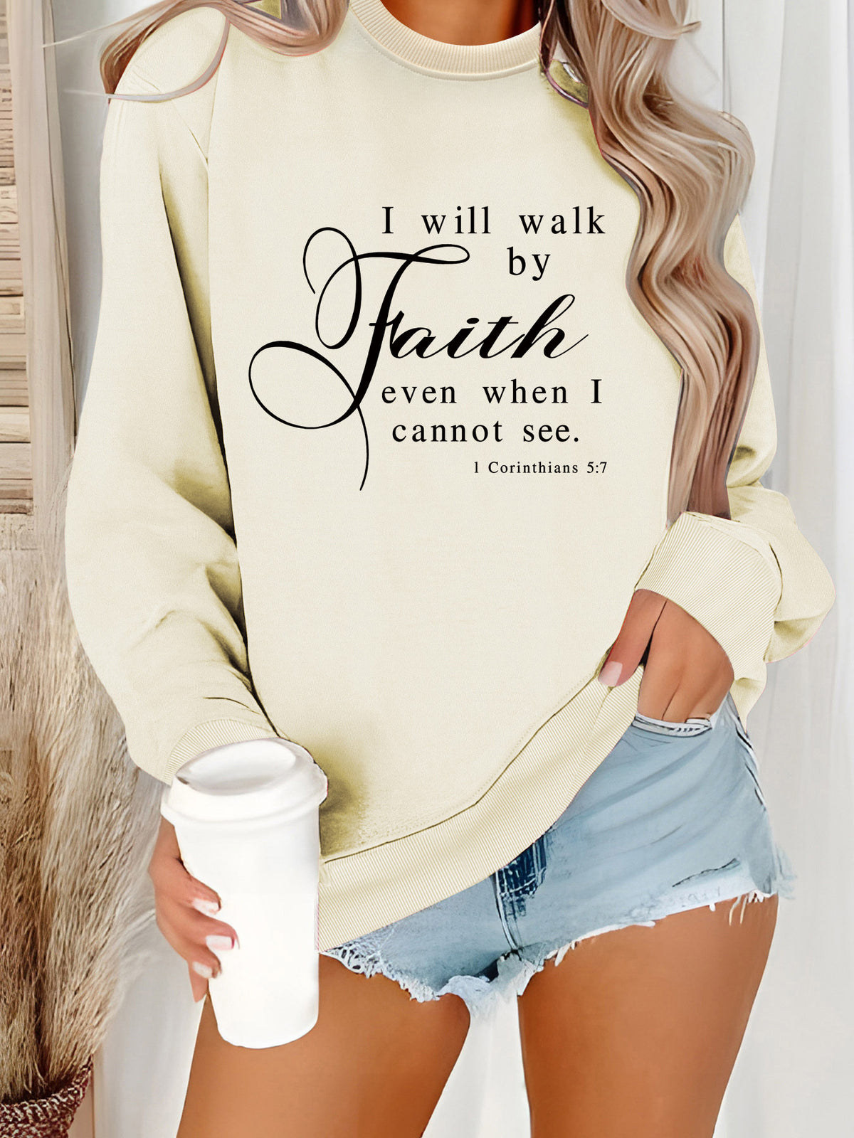 Round neck Faith Letter printed pullover sweatshirt sweatshirt
