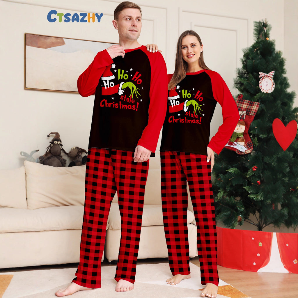 Christmas Family Matching Pajamas Set with Finger Alphabet Print Raglan Sleeve, Red Plaid Sleepwear and Loungewear