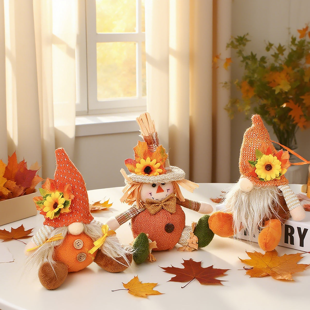 Harvest Festival Thanksgiving Sunflower Faceless Doll Autumn Scarecrow Figurine for Desk and Display Decoration