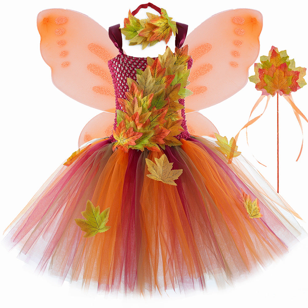 Halloween Style New Children's Realistic Maple Leaf Princess Dress Thanksgiving Girls Fairy Elf Tutu Skirt Tulle Puffy Dress