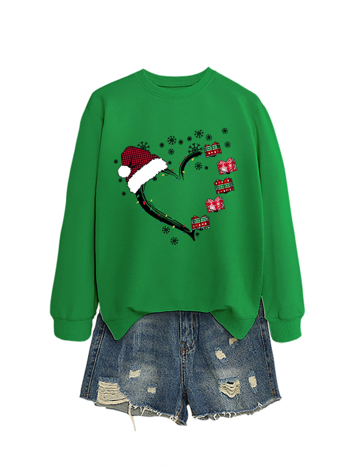 Christmas hat snowflake heart-shaped book colorful lights hoodie