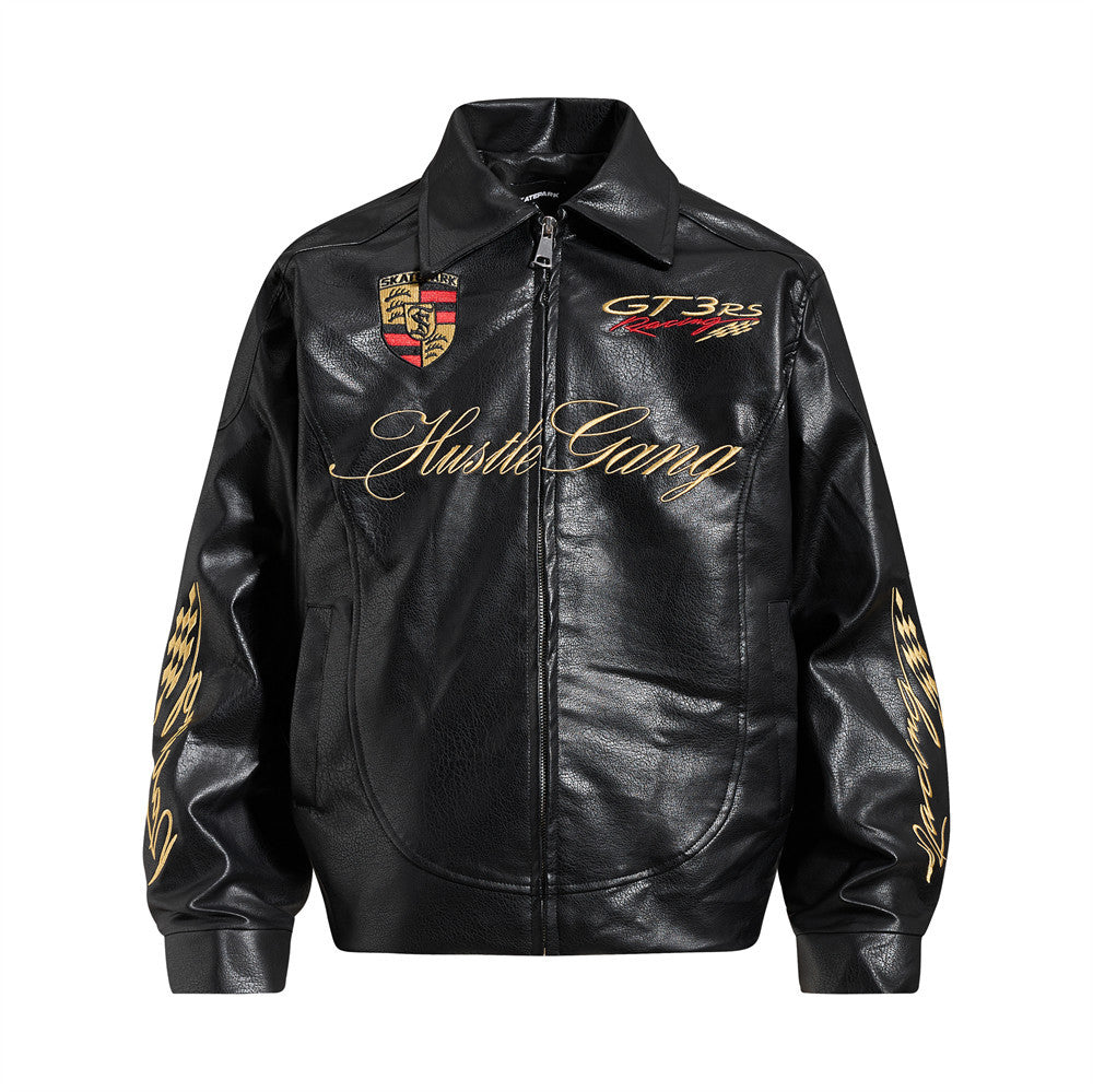 Embroidered PU leather jacket with letters