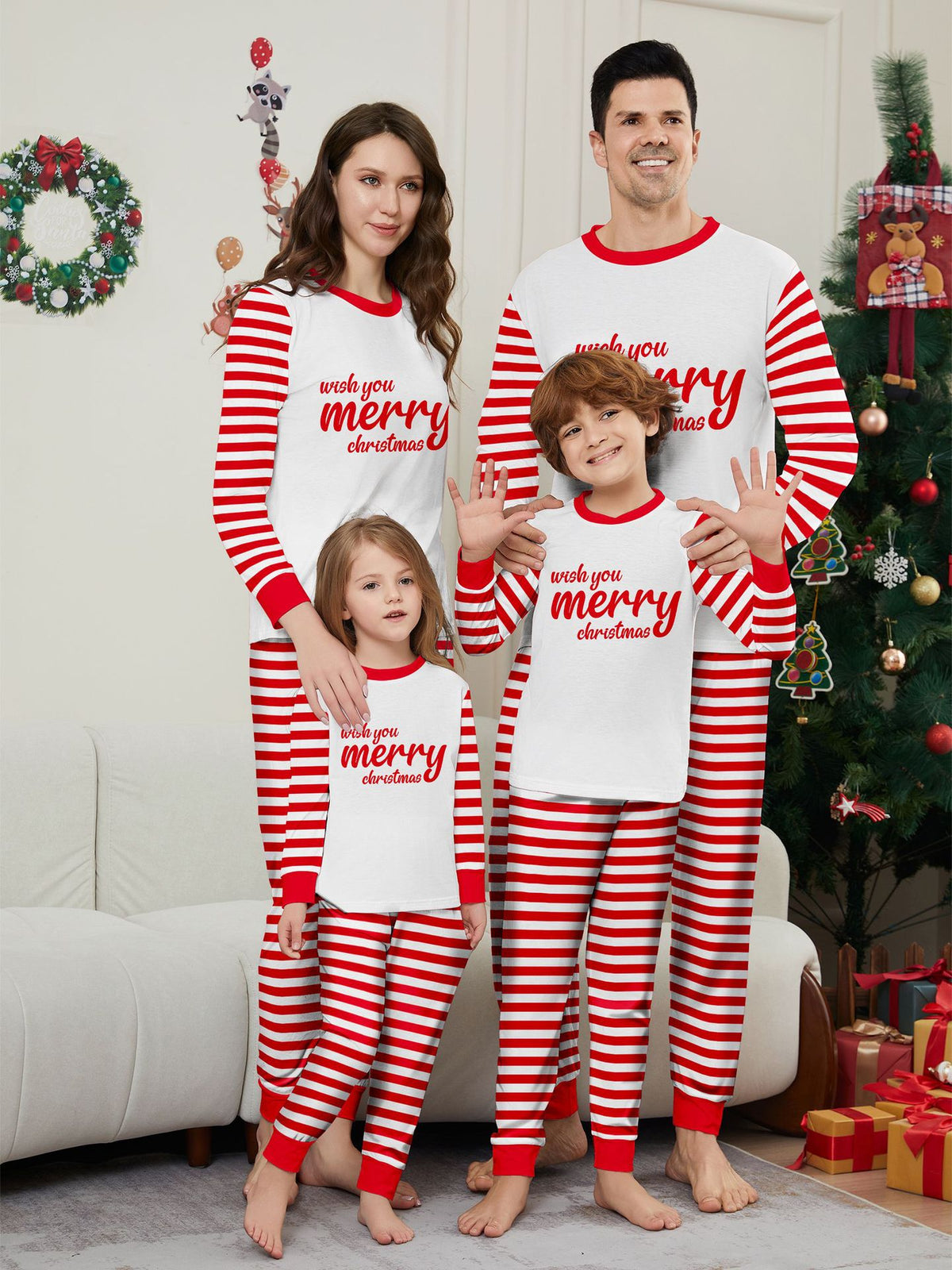 Red and White Stripe Letter Color-block Christmas Family Matching Printed Home Wear Pajamas