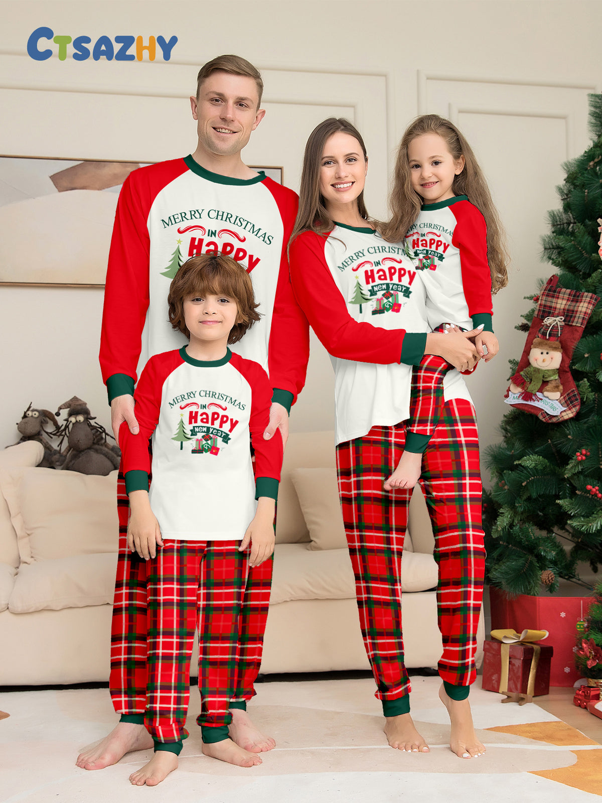 Christmas Family Matching Pajamas Letter Christmas Tree Print Red Plaid Set Sleepwear Home Wear