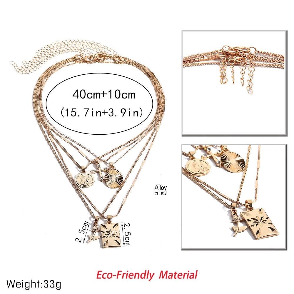 Layered Rose Cross Pendant Choker Necklace Set Boho Golden Carve Portrait Coin Long Chain Necklace Women Christian