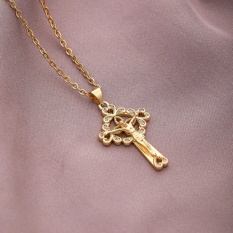 Christian CZ Jesus Cross Necklace For Women Men Stainless Steel Chains Religion Cross Pendants Choker Jewelry Prayer Gift