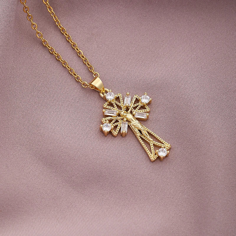 Christian CZ Jesus Cross Necklace For Women Men Stainless Steel Chains Religion Cross Pendants Choker Jewelry Prayer Gift