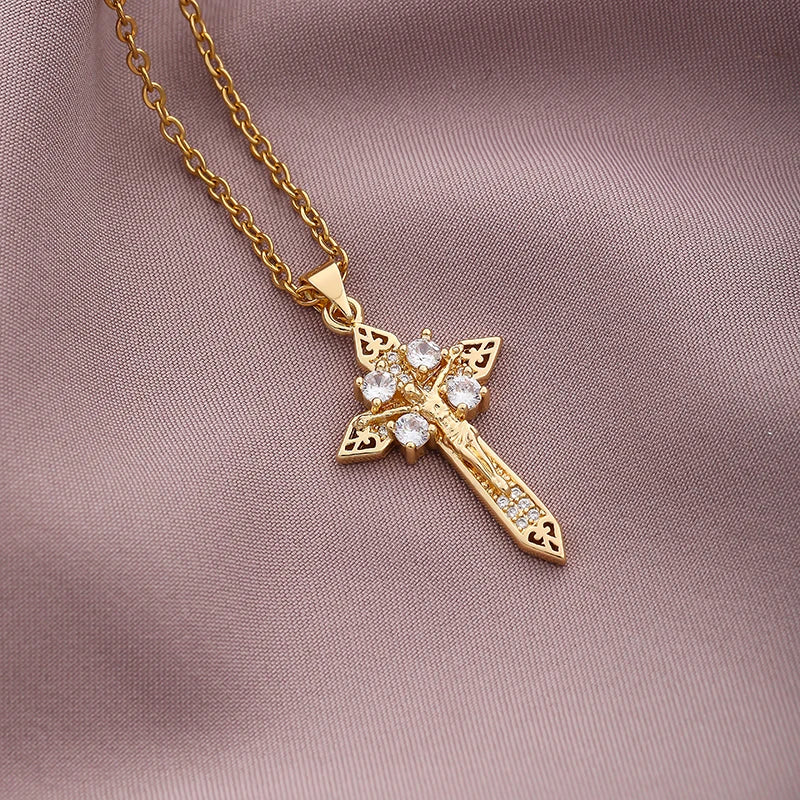 Christian CZ Jesus Cross Necklace For Women Men Stainless Steel Chains Religion Cross Pendants Choker Jewelry Prayer Gift