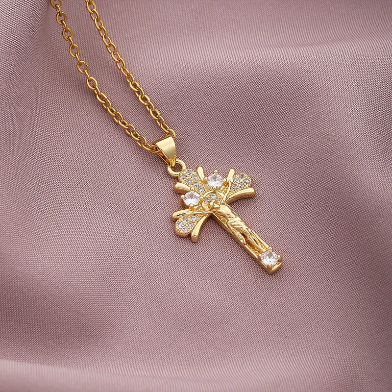 Christian CZ Jesus Cross Necklace For Women Men Stainless Steel Chains Religion Cross Pendants Choker Jewelry Prayer Gift