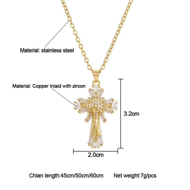 Christian CZ Jesus Cross Necklace For Women Men Stainless Steel Chains Religion Cross Pendants Choker Jewelry Prayer Gift